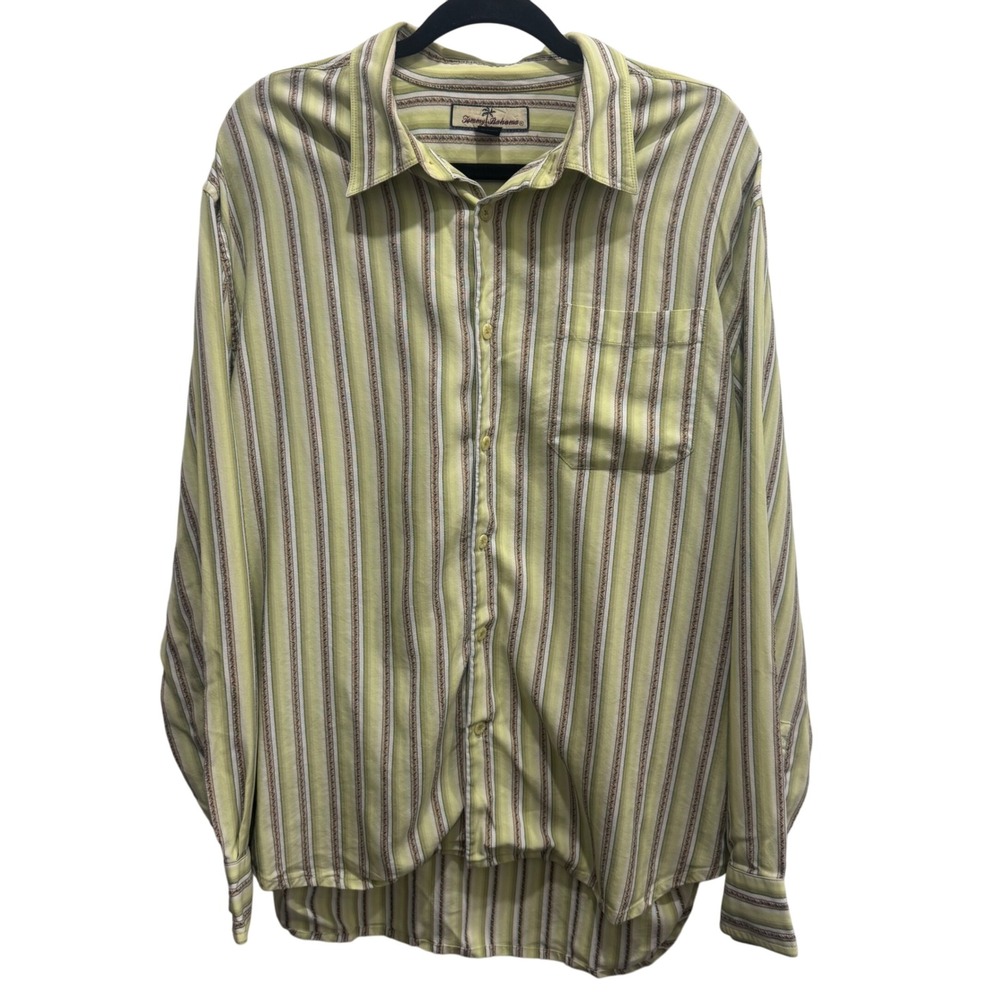 Men's Tommy Bahama Like‎ Green/Tan Striped Button Up, Size XL, EUC